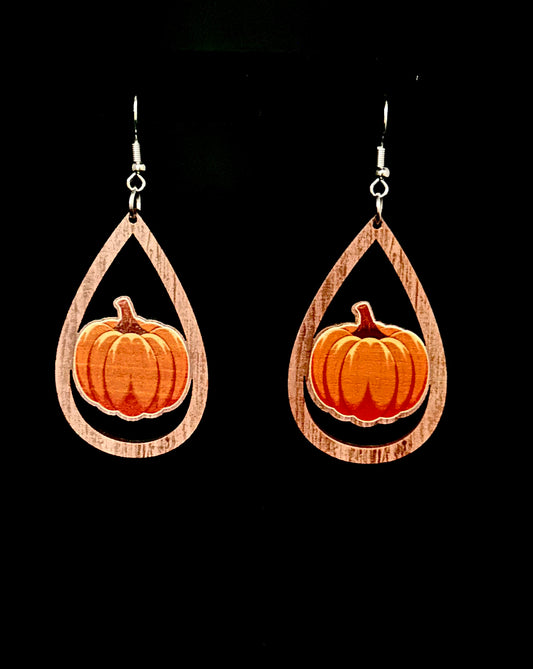 Wooden Pumpkin Teardrop Earrings